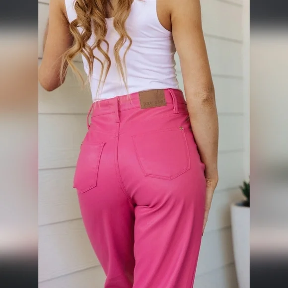 JUDY BLUE Hot Pink Vegan Leather Straight Leg Pants, Like New, Size 24 - Picture 4 of 13